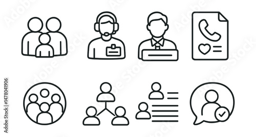 Line style icons of support systems: family support icon, peer listener badge, school counselor tag, mental health hotline file, support circle board, community group chart, trusted contact list,