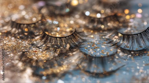 A close up of false eyelashes on a surface covered with gold glitter and bokeh lights