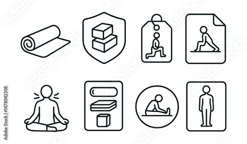 Line style icons of yoga for beginners: yoga mat icon, alignment blocks badge, gentle flow tag, slow start sequence file, seated breathing board, supportive prop chart, warm-up circle bubble, intro