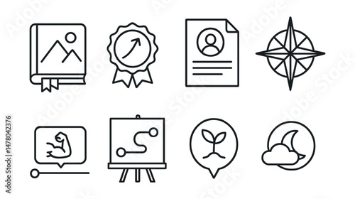 Line style icons of future-focused therapy: vision journal icon, next goal badge, “future me” letter file, values compass chart, strength-based timeline tag, possible path board, legacy seed bubble,