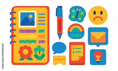 Isometric flat vector set of illustrations of student creative journal: scrapbook page, drawing marker, sticker set, mood icon, quote cutout, daily recap block, envelope pocket, idea tab.