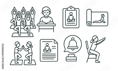 Line style icons of yoga in school settings: class-wide pose icon, calm before test badge, study break flow tag, gym mat yoga chart, peer practice board, breath before class file, mindfulness bell