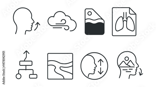 Line style icons of visualization with breath: inhale light icon, exhale cloud badge, breath as color tag, visualize lungs file, energy flow chart, calming river board, inhale up/exhale down bubble,