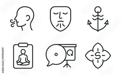 Line style icons of mindfulness breathing: awareness of breath icon, silent inhale badge, anchor to breath tag, return to now chart, mindful breath cue board, sit and notice file, single-point focus