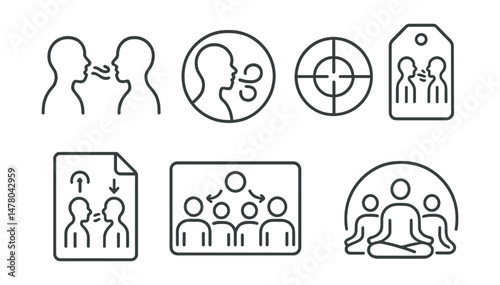 Line style icons of partner and group breathwork: sync breath icon, mirror breath badge, breath circle chart, pair inhale/exhale file, breath together tag, guided rhythm board, partner timing bubble,