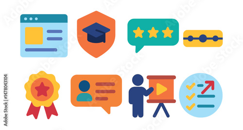 Isometric flat vector set of illustrations of student portfolio showcase: project tile, course badge, feedback box, timeline bar, achievement seal, mentor comment, presentation view, next steps icon.