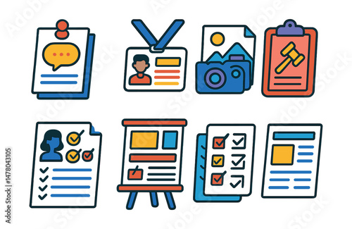 Isometric flat vector set of illustrations of youth journalism club: story pitch sheet, press pass, photo assignment, ethics code, article draft, headline board, editorial checklist, layout design.