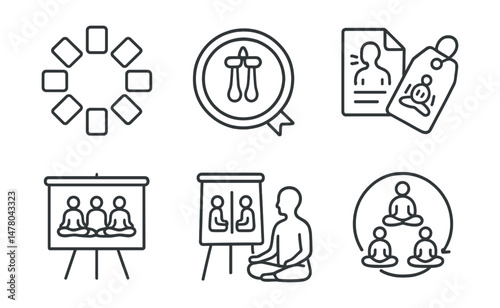 Line style icons of community and group meditation: circle of mats icon, shared chime badge, open with breath file, group energy tag, silence together board, peer reflection chart, teacher with group