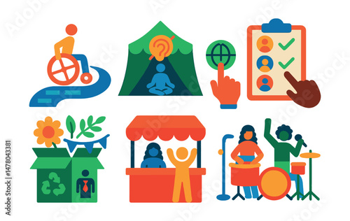 Isometric flat vector set of illustrations of inclusive festival planning: wheelchair-friendly route, sensory chill tent, language access icon, inclusive performer list, eco decoration box,