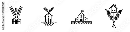 Vector illustration icons of agriculture symbols including plants, farms, and houses representing rural life and farming activities