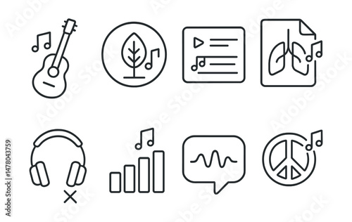 Line style icons of music for relaxation: soft instrumental icon, nature track badge, playlist for rest tag, music with breath file, headphones and silence board, calming tones chart, wave sound
