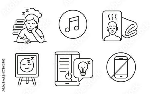 Line style icons of teen-friendly sleep tools: school stress sleep icon, playlist to calm badge, short breathwork tag, soft blanket file, sleep affirmations board, power down routine chart, lights