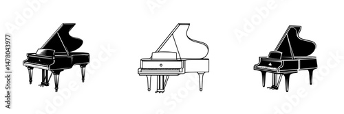 Unique vector illustrations of grand pianos showcasing different designs and styles for music enthusiasts and artists
