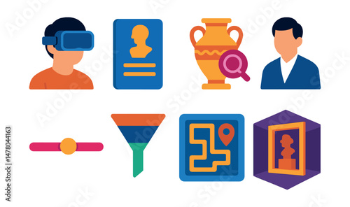 Isometric flat vector set of illustrations of interactive online museum: virtual tour headset, exhibit info tab, artifact zoom icon, curator Q&A button, timeline slider, theme filter, digital gallery