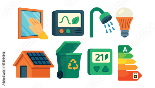 Isometric flat vector set of illustrations of sustainable home upgrades: window insulation sheet, energy monitor screen, low-flow shower head, LED light bulb, solar panel roof, compost bin, green