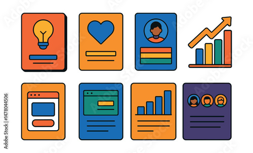 Isometric flat vector set of illustrations of creative pitch deck builder: cover slide design, brand mission tile, user persona card, market size chart, solution overview, product screenshot frame,