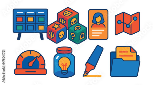 Isometric flat vector set of illustrations of creative writing tools: story planner board, genre dice, character card, scene map, word count meter, idea jar, grammar highlighter, draft folder.