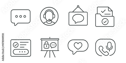 Line style icons of hotline communication: typing window icon, headphones on helper badge, “we’re listening” tag, first response file, message status board, confidential chat chart, empathy typing