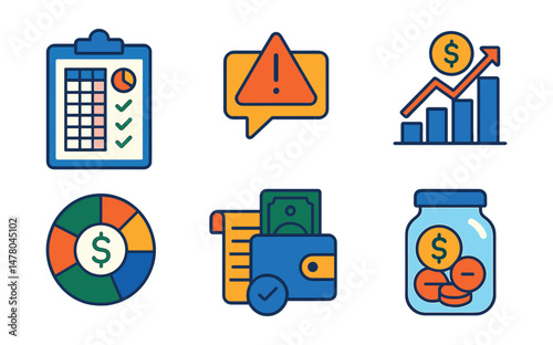 Isometric flat vector set of illustrations of personal finance habits: monthly budget tracker, spending alert icon, savings goal chart, digital wallet, expense category wheel, bill payment reminder,