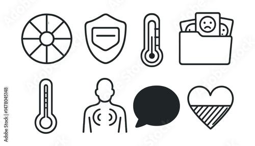 Line style icons of emotional self-awareness lessons: mood wheel icon, “name the feeling” badge, energy meter tag, facial expression cards file, emotion thermometer board, body clues chart, feelings