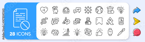 Brush, Stress and Consulting line icons. Interest rate, AI generate, Inflation icons. Pack of Disaster, Checkbox, World planet icon. Development plan, Inspiration, Wrong file pictogram. Vector