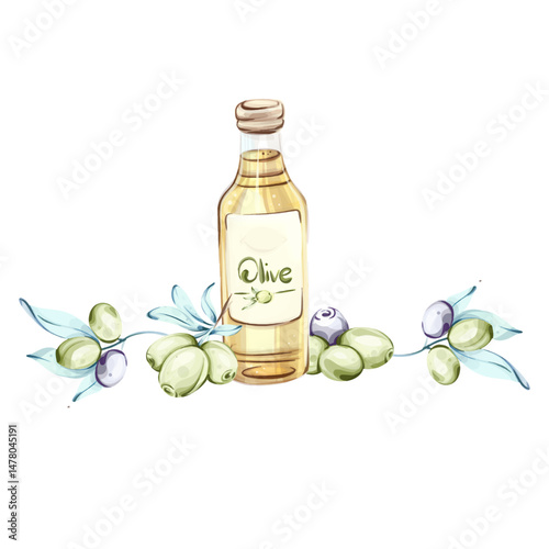 Watercolor illustration of olives and olive oil celebrating Italian cuisine and nature frame, border, arrangement
