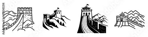 Illustration of the Great Wall of China showcasing various sections and architectural styles against mountainous background