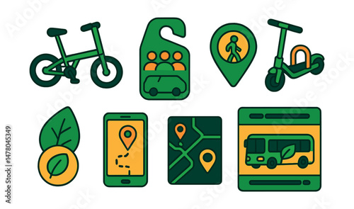 Isometric flat vector set of illustrations of green commuting habits: foldable bike, carpool tag, walk-to-work pin, scooter lock, low-emission badge, trip tracking app, eco transport map, hybrid bus
