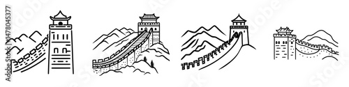 Vector illustration icon featuring the Great Wall of China across various landscapes showcasing its historical significance