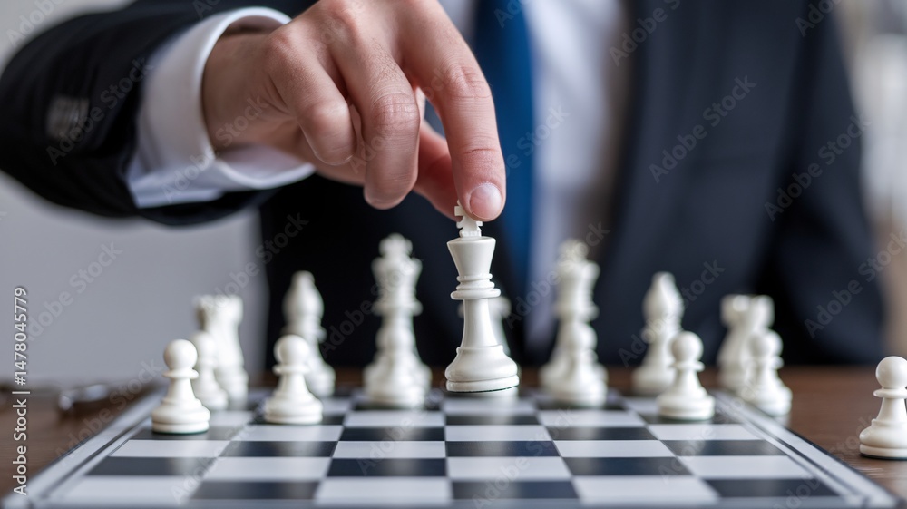 custom made wallpaper toronto digitalA focused businessman moves a white chess piece, showcasing strategic thinking in a game of chess.