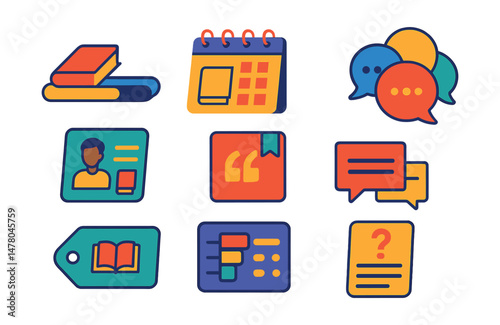 Isometric flat vector set of illustrations of digital book club tools: reading progress bar, club schedule, group chat icon, member profile card, favorite quote note, genre tag, poll feature,