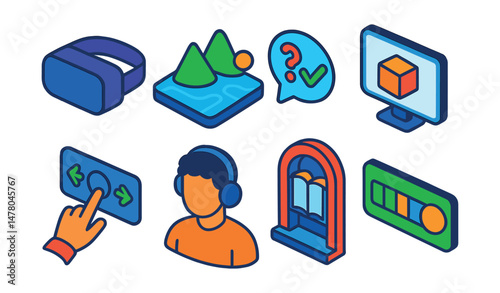 Isometric flat vector set of illustrations of virtual reality education: VR headset icon, immersive environment map, interactive quiz bubble, 3D model display, gesture control tab, student avatar,