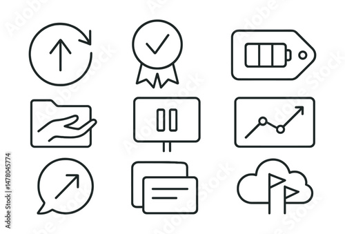 Line style icons of recovery pacing: slow return icon, one task badge, daily energy check tag, self-permission file, pause before yes board, flexible goal chart, re-entry plan bubble, soft start