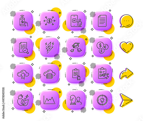 Diagram, Inspect and Green energy line icons. App 3d buttons. Social media comment, share, like icons. Pack of Money currency, Phone payment, Cloud upload icon. Vector