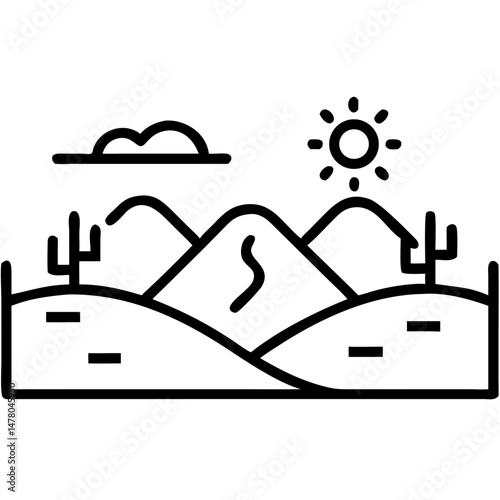 Desert landscape with mountains and cacti under a sunny sky  