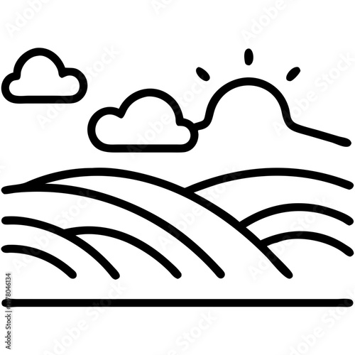 Simple line art of rolling green hills under a sunny sky  