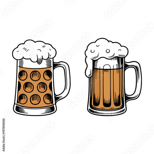 Two Hand-Drawn Beer Mugs with Foam – Vintage Beer Glass Vector.