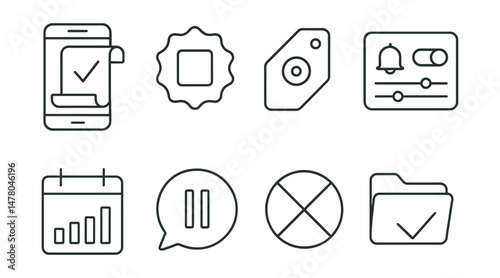 Line style icons of intentional screen time: plan your scroll icon, curated feed badge, purpose tag, app intention file, notification control board, digital calendar chart, pause during use bubble,