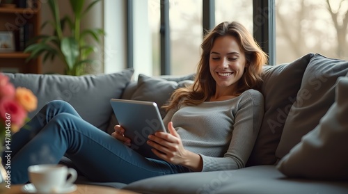 Free Download A young Caucasian woman relaxes on a cozy sofa, enjoying her tablet and a warm cup of coffee. - GFXLoad