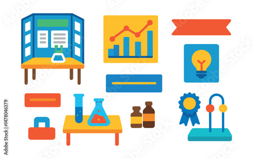 Isometric flat vector set of illustrations of creative science fair booth: experiment board, data graph icon, project title banner, hypothesis card, materials table, student nameplate, award ribbon,