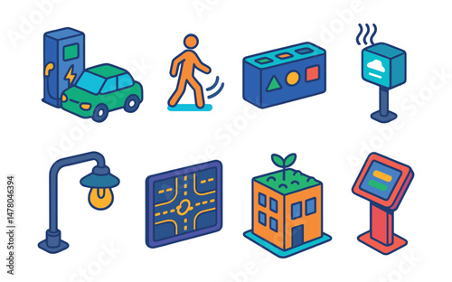 Isometric flat vector set of illustrations of smart city features: electric vehicle station, pedestrian sensor, waste sorting bin, air quality monitor, energy-efficient lighting, traffic flow chart,