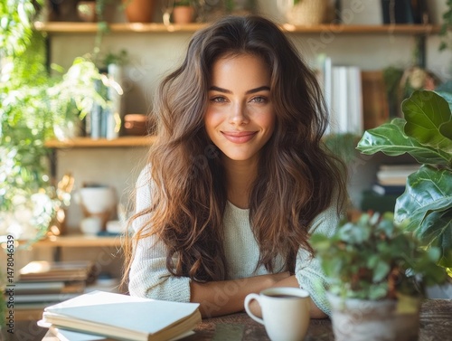Smiling woman engaging in an online conversation at a cozy indoor setting with greenery and books surrounding her