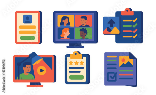 Isometric flat vector set of illustrations of creative online workshops: registration screen, breakout room layout, project upload tab, material checklist icon, mentor spotlight, feedback form,