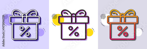 Gift box with Percentage line icon. Halftone dotted pattern. Gradient icon with grain shadow. Present or Sale sign. Birthday Shopping symbol. Package in Gift Wrap. Line discount offer icon. Vector