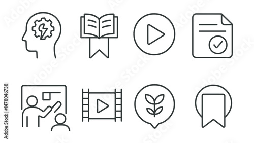 Line style icons of educational and learning content: skill builder icon, book from feed badge, TED talk tag, curated lesson file, peer explain board, smart reel chart, “learn and grow” bubble, save