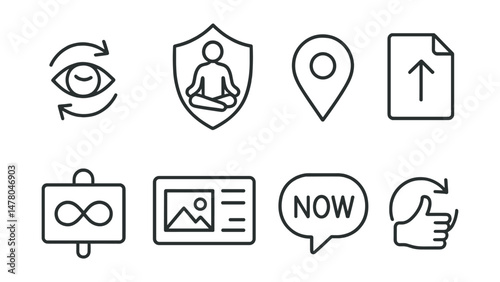 Line style icons of re-focusing techniques: blink + reset icon, breath and sit badge, refocus point tag, “back on track” file, mantra cue board, visual card chart, re-choose now bubble, catch +