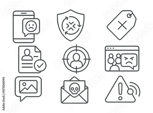 Line style icons of recognizing cyberbullying: hurtful message icon, repeated attacks badge, exclusion tag, fake account file, group targeting board, anonymous insult chart, post and shame bubble,
