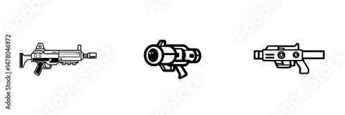 Vector illustration icon featuring modern weapon designs including a submachine gun, rocket launcher, and pistol