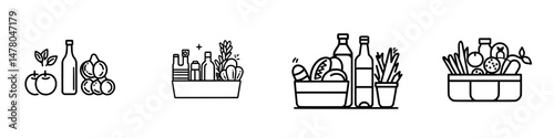 Illustration of fresh produce and condiments arranged in baskets showcasing healthy food options