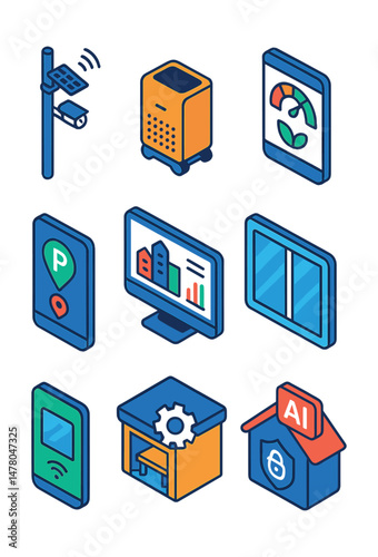 Isometric flat vector icons of Smart Urban Living: multi-use smart pole, mobile air purifier, smart city dashboard, energy consumption tracker, app for parking spot availability, community repair hub